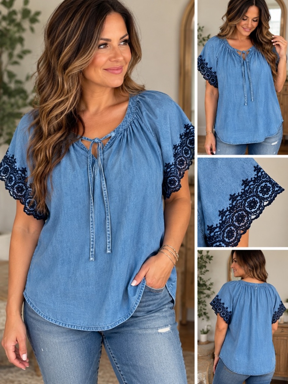 Nanette Lepore Light Denim Blue Peasant Blouse with Navy Lace Trim
